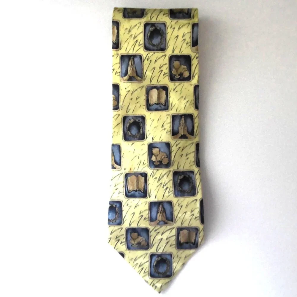 Eagles Wings 100% Silk Tie Praying Hands Open Bible Crown of Thorns Chalise EUC